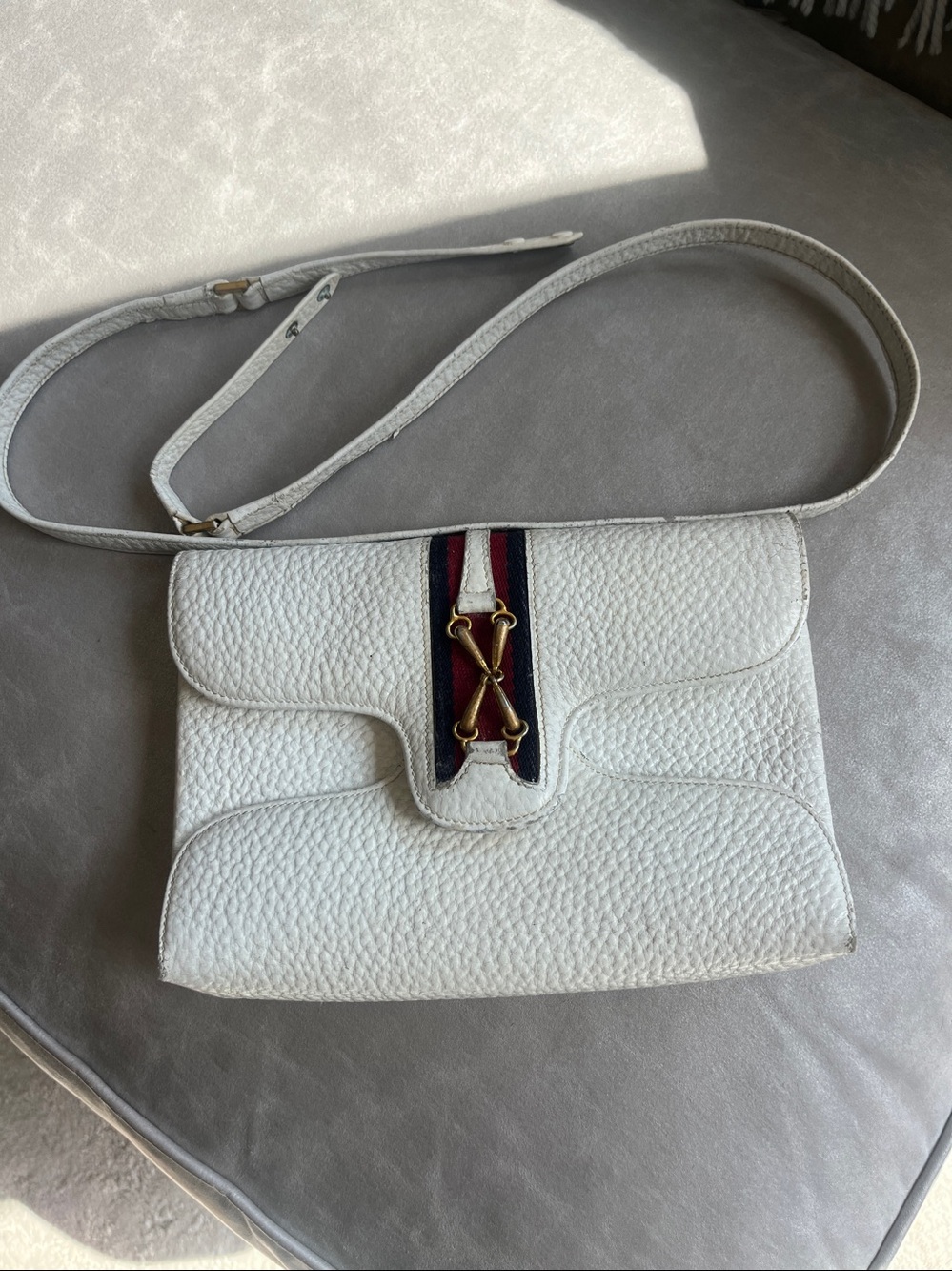 Classic Vintage Gucci Bag White Red Blue Stripe Gold Belt Bag Clutch Purse